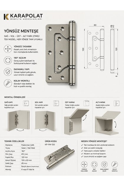 10 cm Non-Directional Door Hinge Satin Nickel Right Left Compatible 1 Piece