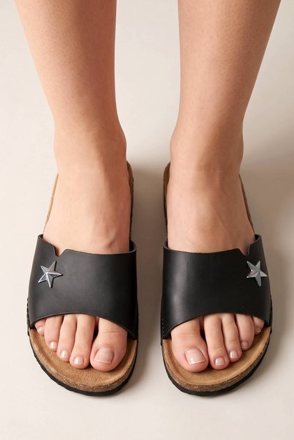 Women's Black Star Detailed Anatomical Sole Women's Slippers