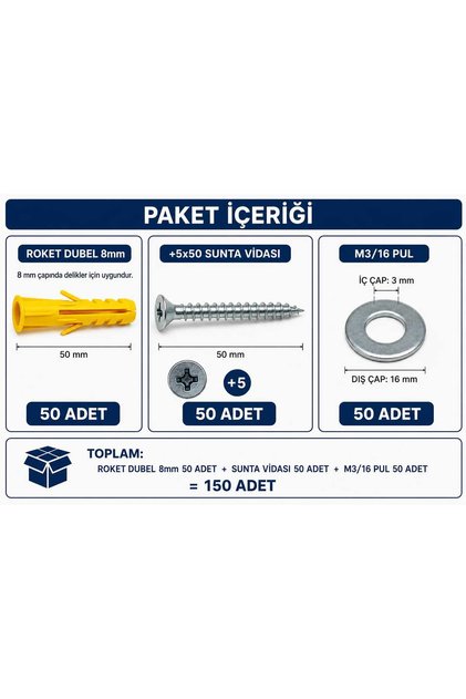 VİDA DUBEL PUL SETİ 150PCS (5X50 VİDASI 8MM ROKET DUBEL 3/16PUL)