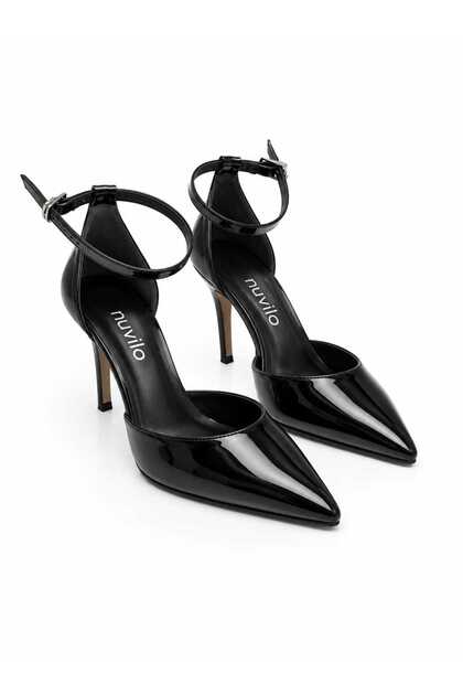 Black Patent Leather 8.5 cm Belted Pointed Toe Stiletto Thin Heel Women's Shoes