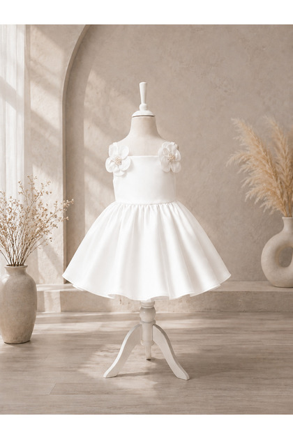 Special Design Perla Model White Color with Pearl and Flower Detail Strap Sleeveless Satin Girl's Evening Dress