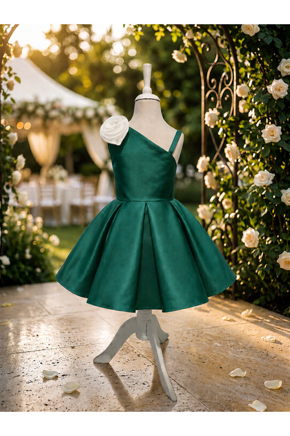 MUSGEM Special Design Aveline Model Emerald Green Color Single Sleeve Flower Accessory Detailed Girls' Evening Dress