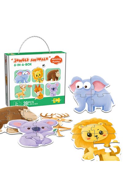 Joc puzzle educativ pentru copii 6 în 1, Simply Joy, 3/4/5/6/7/8 piese, Animale sălbatice, Leu, Elefant, Cimpanzeu, Vulpe, Cerb, Koala pentru băieți și fete, 2 ani+