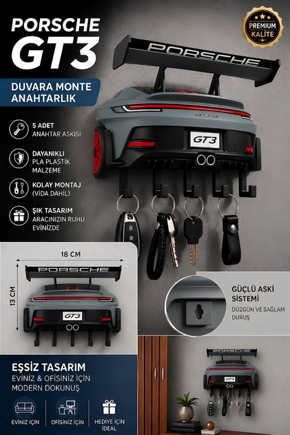 Porsche GT3 Duvar Tipi Anahtarlık Askılığı Dekoratif Anahtar Askısı