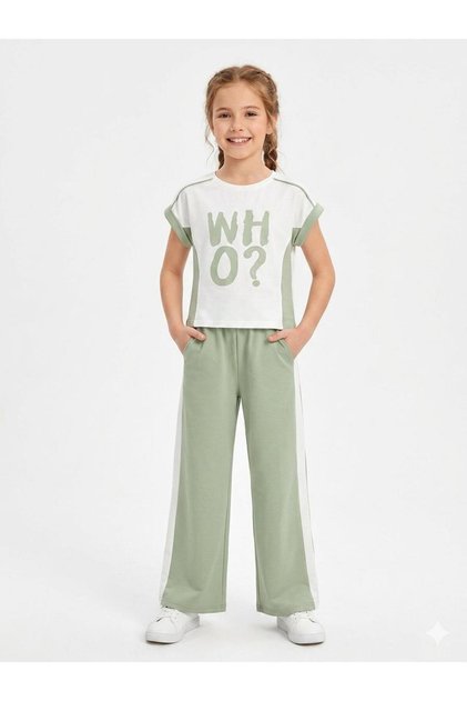 Girl's 2-Piece Sports Set with Side Striped Wide-Leg Pants