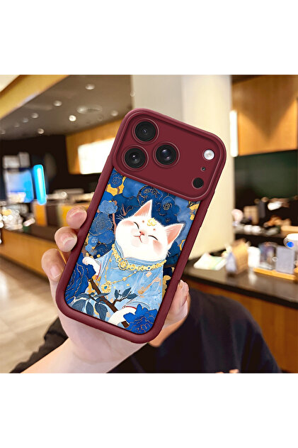 iPhone 17 Pro Max Uyumlu Darbeye Dayanıklı Kamera Korumalı Bordo Silikon Baskı Desenli Kılıf