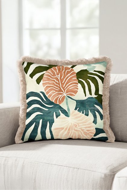 Tropical Leaf Exotic Monstera Fringed Pillowcase - Botanical Pink Mink Tassel Throw Pillow Cover