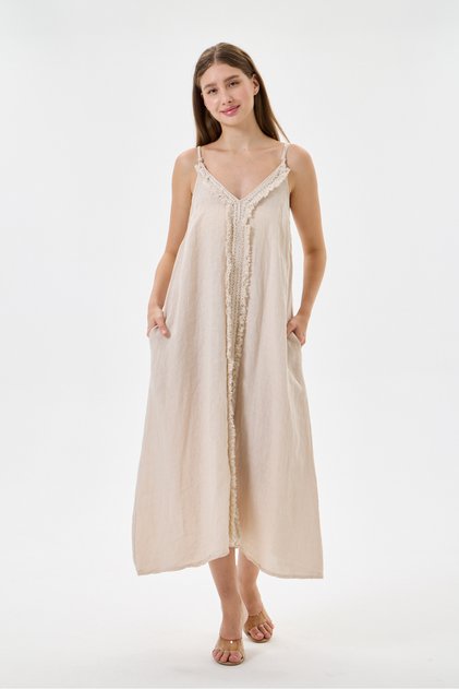 Beige Italian 100% Linen Long Linen Dress with Tassels and Adjustable Shoulder Straps Size 40 - 46