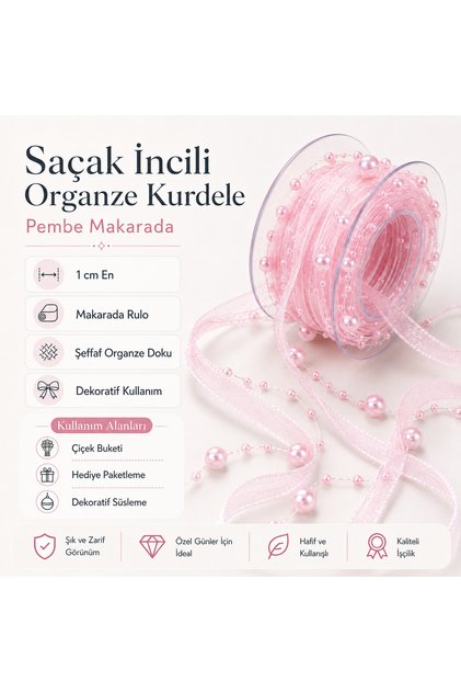 4,5 Mt Pembe Organze İnci Kurdela | 3 mm Saten Kurdelalı Misinalı İnci Şerit