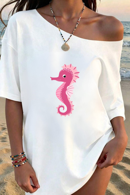 Women's Cute Seahorse Boat Neck Off Shoulder 100% Cotton T-Shirt