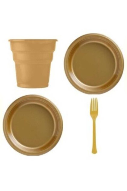 25 Pieces of Gold-Colored Plates, Cups, and Forks