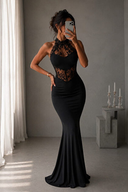 Tayt Factory Transparent Lace Detailed Long Evening Dress