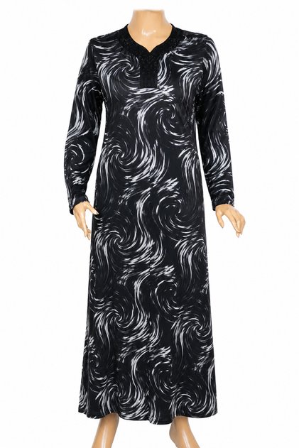 Hesna Women's Mom Plus Size Black-White Brush Stroke Pattern Relaxed Fit Long Dress