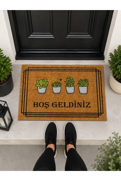 Welcome Retro Design Decorative Door Mat with Flowerpot Figure 40X60Cm