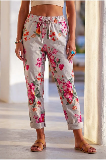 Italian Beige Lycra Floral Printed Elastic and Tie-Waist Narrow Leg Woven Trousers 97 60
