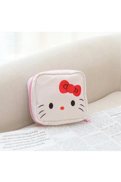 Hello Kittiyyy Patterned Sanitary Pad Bag with Cat Design | Organizers | Makeup & Cosmetic Storage Bag | Zippered Mini Organizer