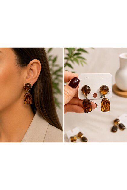 kehribar taş detaylı gold küpe