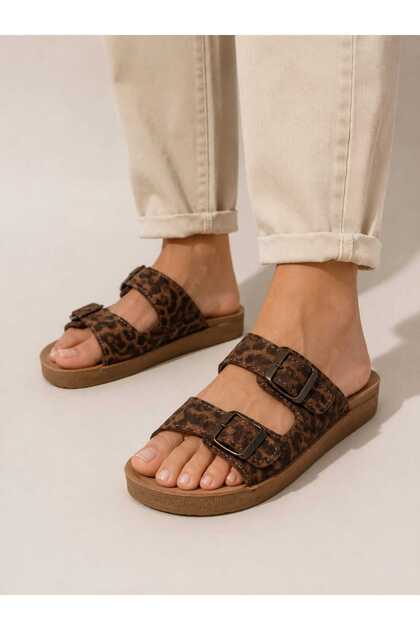 Leopard Patterned Adjustable Double Buckle Anatomical Sole Women's Home and Street Slippers