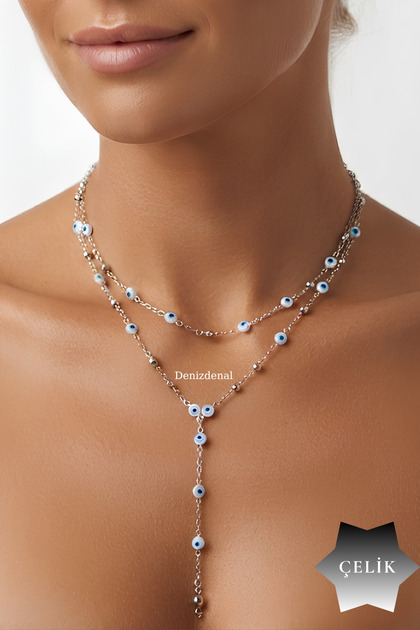 Steel Evil Eye Beaded Y Necklace