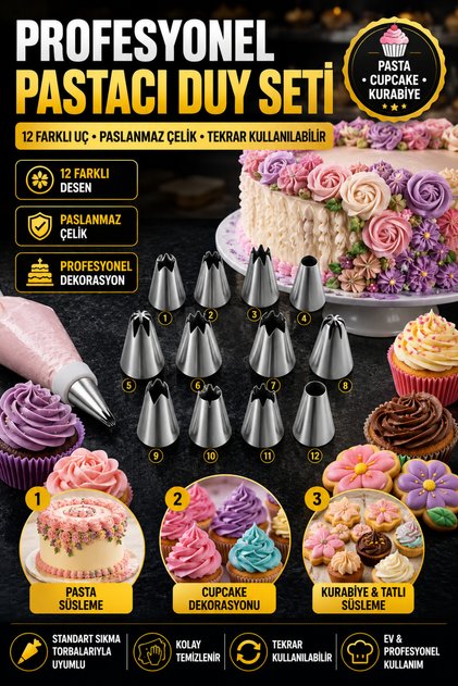 12'li Paslanmaz Çelik Pastacı Duy Seti Krema Süsleme Uçları Pasta Cupcake Dekorasyon