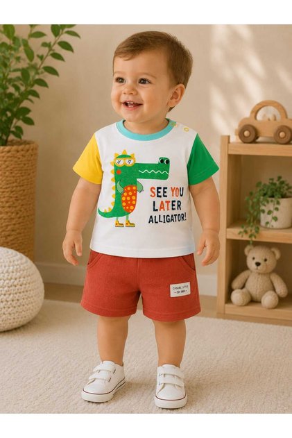 100% Cotton Pocketed Dinosaur Printed Double Baby Set with Snap Fasteners at the Neck