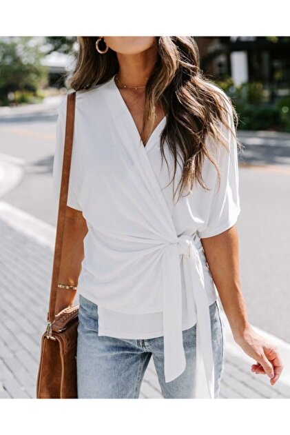 Women's double-breasted viscose blouse with side tie closure
