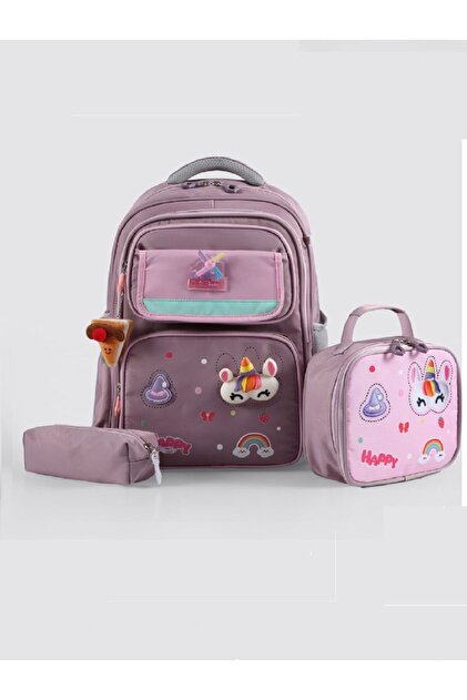 Kids Premium Okul Çanta Seti 3'lü İlkokul Ortaokul Sırt Çantası Termal Beslenme Çantası Kalemlik Gül Kurusu-Pembe 52016