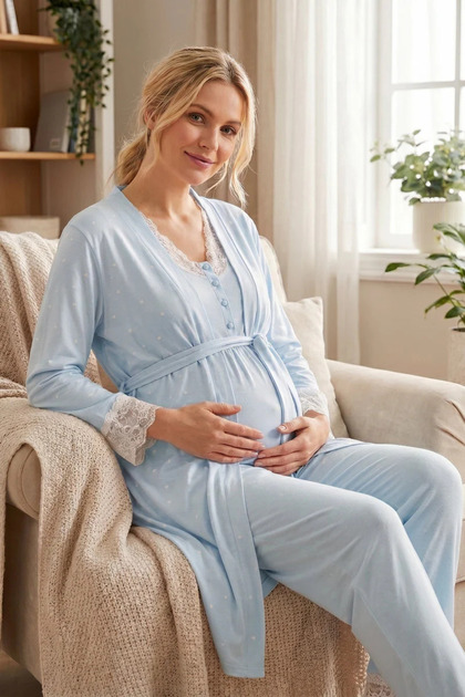 Women's Blue Lace Detailed Front Buttoned Maternity & Pregnancy Pajama Set and Robe Set 3-Piece