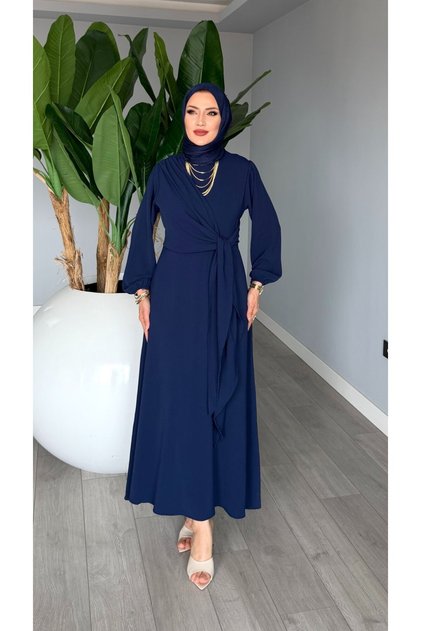 Lacivert Helin Elbise Sabit Uzun Kuşaklı Ayrobin Kumaş Tesettür Giyim
