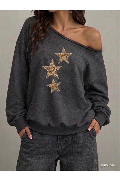 Leopard Stars Printed Oversized Women's Boat Neck Sweatshirt