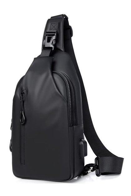 (fj9-أسود) حقيبة كروس بودي كاجوال للرجال والنساء، حقيبة ظهر جلدية مقاومة للماء، حقيبة صدر للأعمال مع منفذ شحن USB للسفر والتنزه