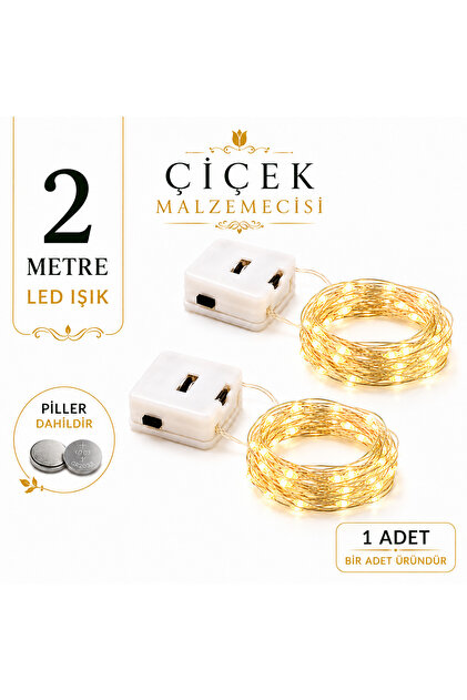2 Metre Pilli Peri Led Işık 1 adet (Piller Dahildir) | Sıcak Sarı Dekoratif Tel Led | Çiçek Malzemecisi