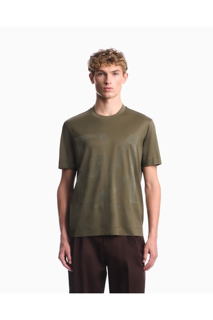 Men's Regular Fit Round Neck Large Velvet Logo Short Sleeve Khaki T-Shirt