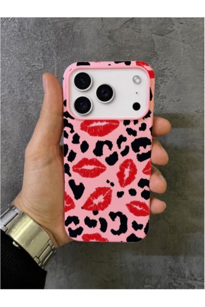 iPhone 17 Pro Max - 18 Pro Max Compatible Red Kiss and Black Leopard Pattern Pink Case