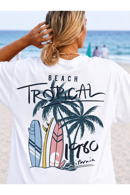 Women's Oversize T-Shirt Tropical Printed 100% Cotton T-Shirt Comfortable Fit