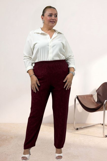 69016 Plus Size Jacquard Trousers with Elastic Waist and Pockets - Burgundy