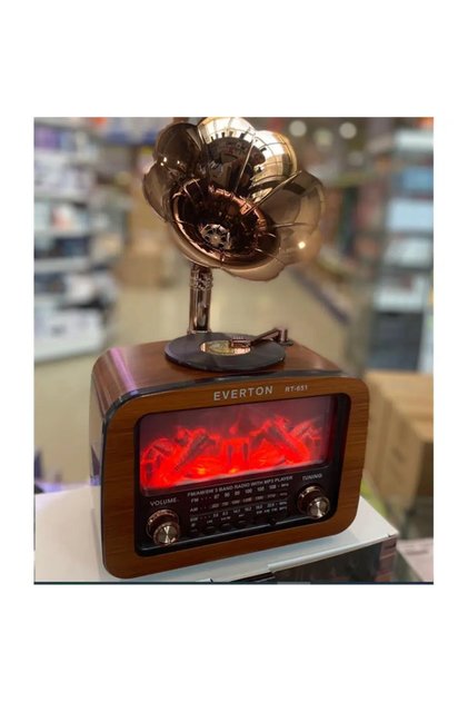 RT-651 Gramofon Tasarımlı Şömine Efektli Nostaljik Bluetooth Hoparlör FM/AM/SW 3 Bant Şarjlı Retro Radyo