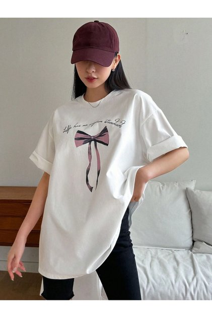 Women's White Ribbon Printed Oversize T-Shirt
