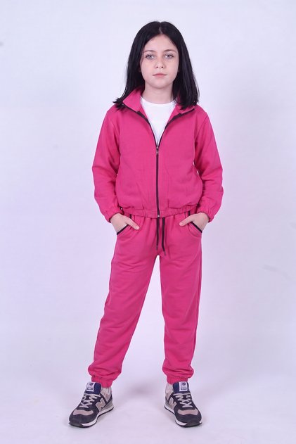 Girl's High Collar Zippered Waist Tie Elastic Leg Sweatpants Set