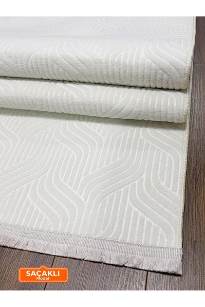 Elit Kabartmalı Krem Saçaklı Yıkanabilir Kaymaz Taban Kesme Yolluk Salon Mutfak Oturma Odası Halı