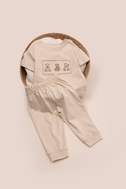 Teddy Bear Embroidered Boys' Set 100% Cotton 2-Piece Short Sleeve T-Shirt and Pants Summer Set
