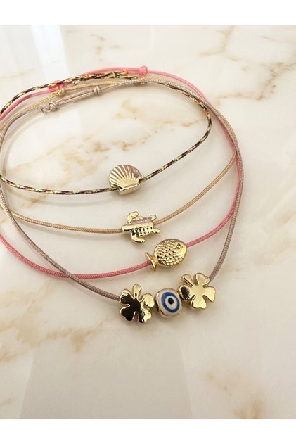 Set of 4 Sea-Themed Clover Bracelets with Mussel, Turtle, Fish and Evil Eye Beads