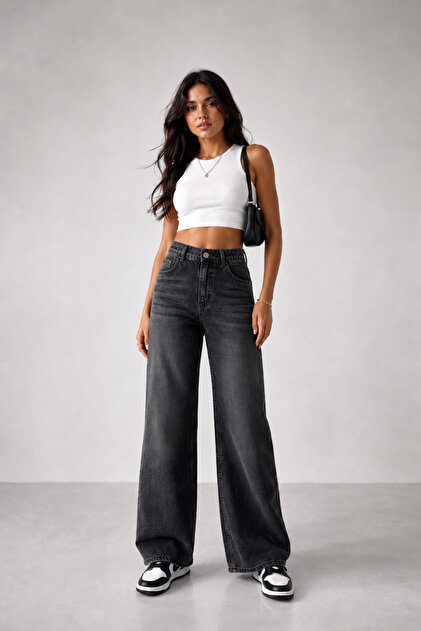 Kadın Siyah Bol Paça Straight Jeans Salaş Kot Pantolon