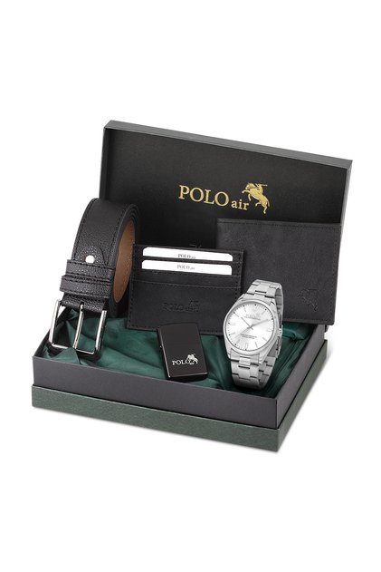 Klasik Metal Kordon Erkek Kol Saati Cüzdan Kemer Kartlık Çakmaklı Set Kombini Siyah Gümüş Renk PL-7087E4