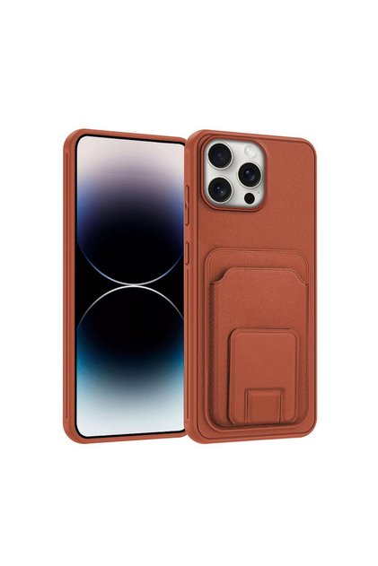 Apple iPhone 15 Pro Max Compatible Case with Stand and Card Holder Silicone Case Brown