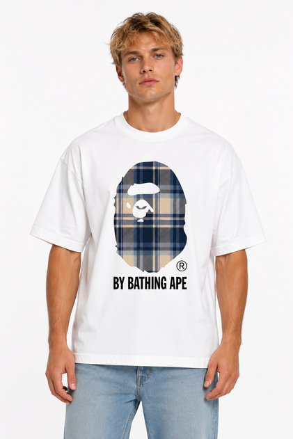 Unisex Women's Men's Bape Burb Plaid Blue Beige Front Printed Oversized Thick Fabric Relaxed Fit T-Shirt