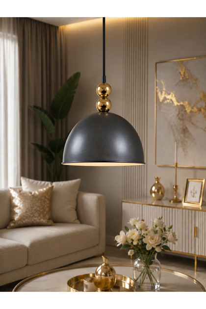 Mila Siyah Küre Gold Detaylı Sarkıt 25 cm Salon Yemek Masası Üstü Mutfak & Hol Avize