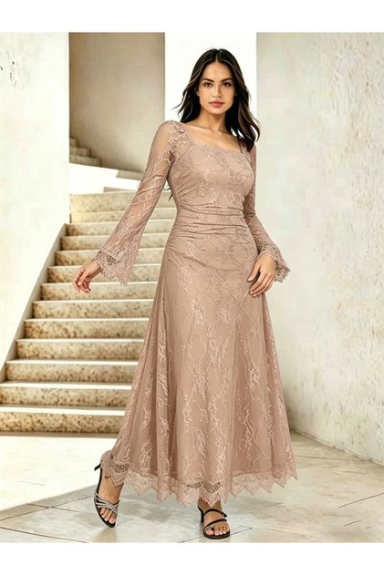 Nude Floral Lace Square Neck Maxi Dress