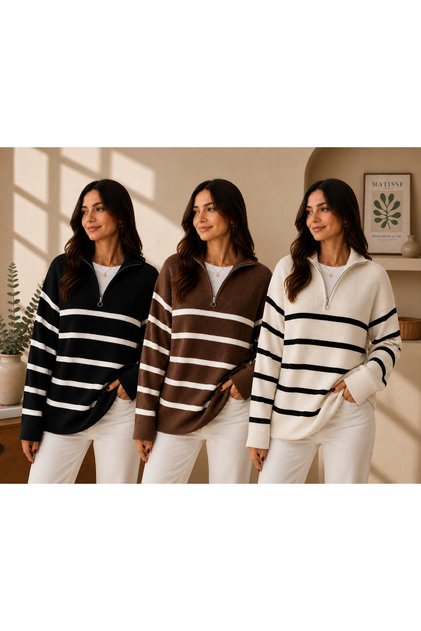 Women's 3-Piece Thessaloniki Knitted Half-Zip Striped Knitwear Sweater High Collar Winter
