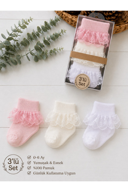 100% Cotton 0-9 Months Baby Lace Socks Set of 3 Baby Girl Boxed Socks